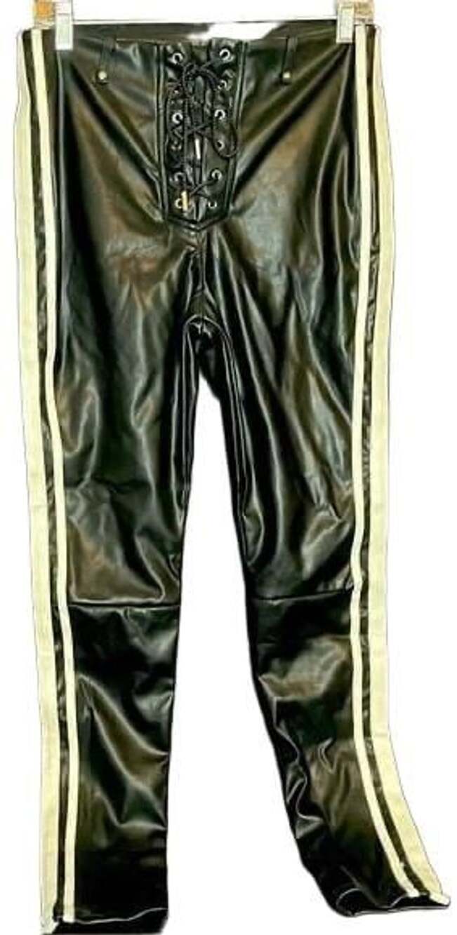 Black Pleather Lace Up Pants w/White Varsity Stripes